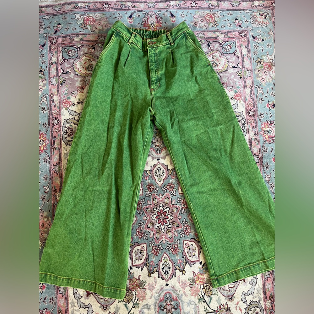 Big Bud Press wide leg denim trousers in green!